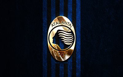 atalanta bc logo dorato, 4k, sfondo di pietra blu, serie a, squadra di calcio italiana, logo atalanta bc, calcio, atalanta bc stemma, atalanta bc, atalanta fc
