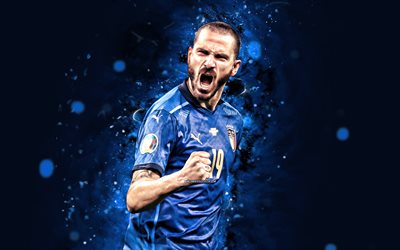 leonardo bonucci, 4k, siniset neon valot, italian jalkapallomaajoukkue, jalkapallo, jalkapalloilijat, sininen abstrakti tausta, italian jalkapallomaa, leonardo bonucci 4k