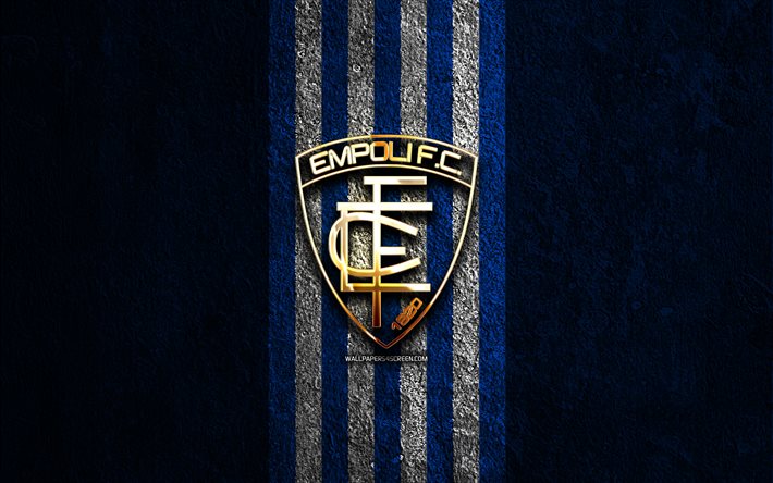 एम्पोली एफसी गोल्डन लोगो, 4k, नीले पत्थर की पृष्ठभूमि, सीरी ए, इतालवी फुटबॉल क्लब, एम्पोली एफसी लोगो, फ़ुटबॉल, एम्पोली एफसी प्रतीक, एम्पोली, एम्पोली एफसी