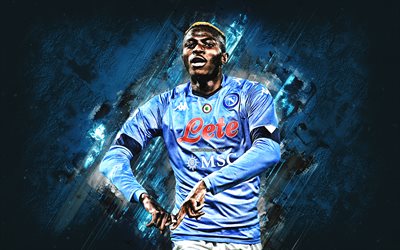 Victor Osimhen, SSC Napoli, Nigerian football player, goal, blue stone background, Serie A, football, Napoli