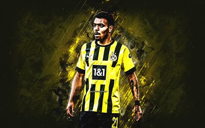 Donyell Malen, portrait, Borussia Dortmund, Dutch footballer, striker, yellow stone background, BVB, football