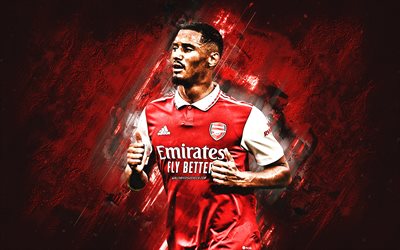 William Saliba, Arsenal FC, french soccer player, defender, portrait, red stone background, Premier League, England, Arsenal, football