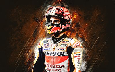 Marc Marquez, MotoGP, Spanish motorcycle racer, Repsol Honda Team, orange stone background, portrait, MotoGP World Championship, Honda