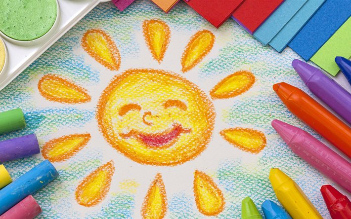sol, 4k, arte, lápices de colores, dibujo