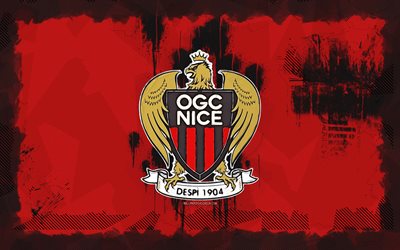 ogc nice grunge logotipo, 4k, ligue 1, fundo vermelho grunge, futebol, ogc nice emblem, ogc bom logotipo, clube de futebol francês, bom fc
