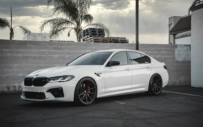 4k, BMW M5, F90, front view, sedan, exterior, M5 Competition, white M5 F90, BMW tuning, F90 tuning, German cars, BMW