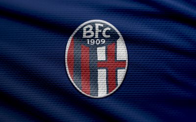 bologna fc fabric logo, 4k, sfondo in tessuto blu, serie a, bokeh, calcio, logo bologna fc, emblema bologna fc, bologna fc, club di calcio italiano, fc bologna