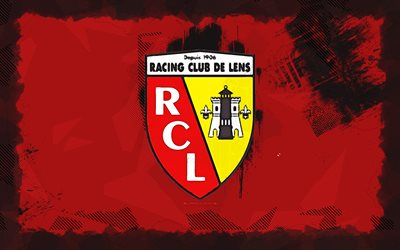 RC Lens grunge logo, 4k, Ligue 1, red grunge background, soccer, RC Lens emblem, football, RC Lens logo, french football club, Lens FC