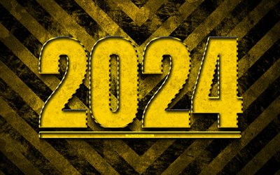 Happy New Year 2024, 4k, yellow 3D digits, 2024 year, warning lines, artwork, 2024 concepts, 2024 3D digits, 2024 Happy New Year, grunge art, 2024 yellow background