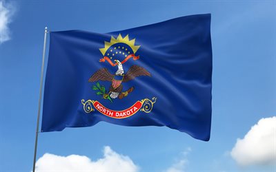 North Dakota flag on flagpole, 4K, american states, blue sky, flag of North Dakota, wavy satin flags, North Dakota flag, US States, flagpole with flags, United States, Day of North Dakota, USA, North Dakota