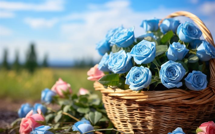 blue roses, basket of roses, blue flowers, roses in a basket, blue rose buds, beautiful flowers, roses