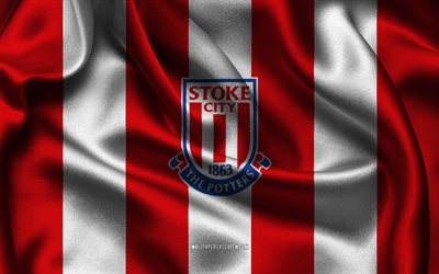 4k, logo stoke city fc, tissu de soie blanc rouge, équipe de football anglaise, stoke city fc emblem, championnat efl, stoke city fc, angleterre, football, drapeau stoke city fc