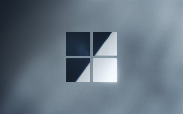 windows 11 metal logo, 4k, sfondo grigio, windows 11 mirror logo, logo 3d di windows 11, sistemi operativi, logo windows 11, opera d'arte, windows 11