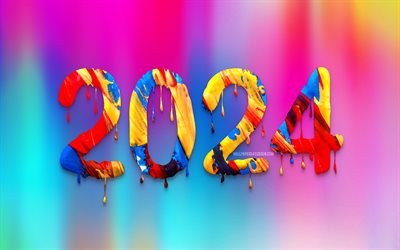 2024 mutlu yıllar, 4k, 2024 kavramlar, boya çizgileri, yaratıcı, 2024 soyut rakamlar, boya sanatı, mutlu yıllar 2024, renkli boya rakamları, 2024 renkli arka plan, 2024 yıl