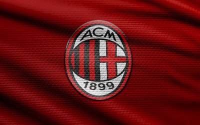AC Milan fabric logo, 4k, red fabric background, Serie A, bokeh, soccer, AC Milan logo, football, AC Milan emblem, AC Milan, Italian football club, Milan FC