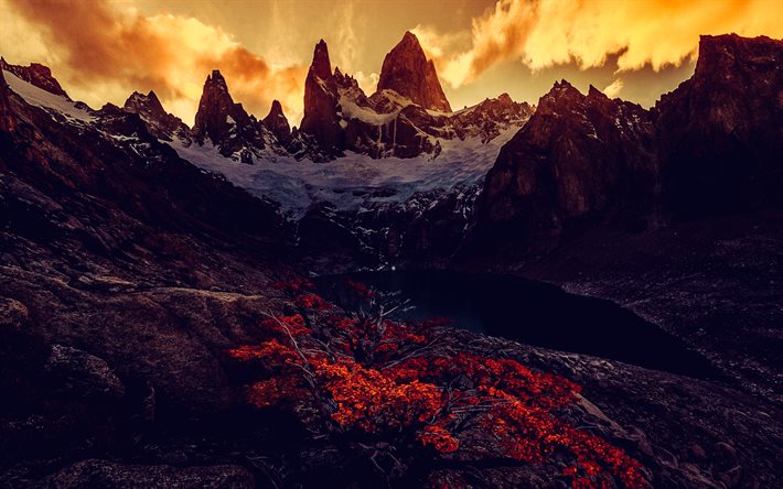 andes, noite, pôr do sol, outono, lago da montanha, pedras, paisagem montanhosa, patagonia, chile
