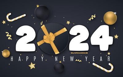 Happy New Year 2024, 4k, black 2024 background, 2024, concepts, 2024 Happy New Year, 2024 art, gifts, black gold 2024 background