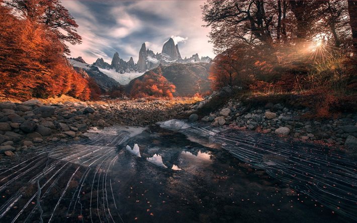 Patagonia, dağ, göl, sonbahar, Şili