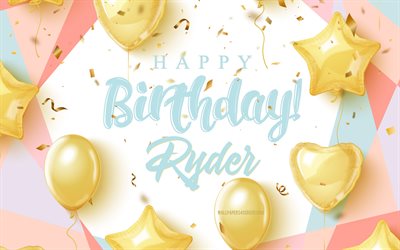 ハッピーバースデーライダー, 4k, 金の風船で誕生の背景, ライダー, 3 d の誕生日の背景, ライダーの誕生日, 金の風船, ライダー誕生日おめでとう