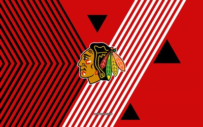 logo des blackhawks de chicago, 4k, équipe américaine de hockey, fond de lignes noires rouges, blackhawks de chicago, lnh, etats unis, dessin au trait, emblème des blackhawks de chicago, le hockey
