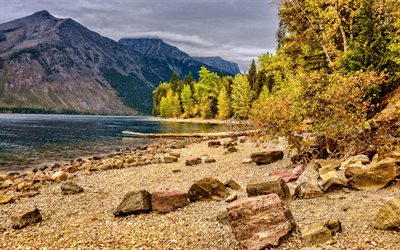 Lake McDonald, autumn, mountain landscape, mountain lake, autumn landscape, yellow trees, Glacier National Park, Montana, USA