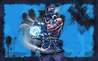 Sub-Zero, 4k, grunge art, Mortal Kombat Mobile, creative, MKM, Mortal Kombat, MK Mobile, blue grunge background, Mortal Kombat X, Sub-Zero Mortal Kombat