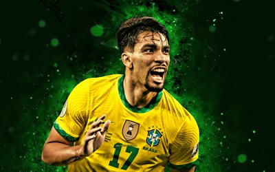 lucas paqueta, 4k, päämäärä, brasilian maajoukkue, jalkapallo, jalkapalloilijat, vihreät neon valot, brasilian jalkapallojoukkue, lucas paqueta 4k