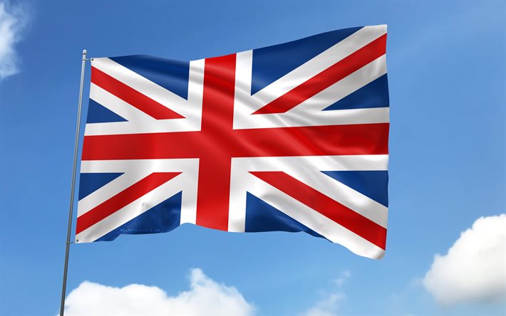 bandiera del regno unito sull'asta della bandiera, 4k, paesi europei, cielo blu, bandiera del regno unito, bandiera britannica, simboli nazionali del regno unito, pennone con bandiere, regno unito, unione jack