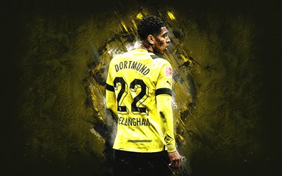 Jude Bellingham, Borussia Dortmund, BVB, portrait, English footballer, yellow stone background, Bundesliga, Germany, Jude Victor William Bellingham