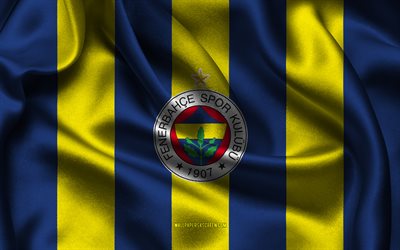 4k, Fenerbahce logo, blue yellow silk fabric, Turkish football team, Fenerbahce emblem, Super Lig, Fenerbahce, Turkey, football, Fenerbahce flag
