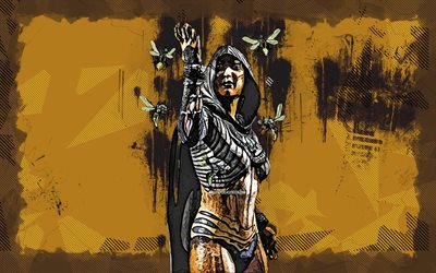 Swarm Queen, 4k, grunge art, Mortal Kombat Mobile, creative, MKM, Mortal Kombat, MK Mobile, yellow grunge background, Mortal Kombat X, Swarm Queen Mortal Kombat