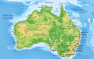 4k, geografische karte von australien, landschaft australiens, kontinent, karte von australien, karte der australischen bundesstaaten, ozeane