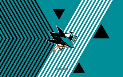 san jose sharks logo, 4k, amerikanische eishockeymannschaft, blaugrüner hintergrund mit schwarzen linien, haie von san jose, nhl, vereinigte staaten von amerika, strichzeichnungen, emblem der san jose sharks, eishockey