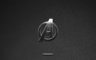 Avengers logo, movies brands, gray stone background, Avengers emblem, popular logos, Avengers, metal signs, Avengers metal logo, stone texture