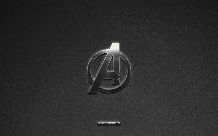 avengers logotyp, filmmärken, grå sten bakgrund, avengers emblem, populära logotyper, avengers, metallskyltar, avengers logotyp i metall, sten textur