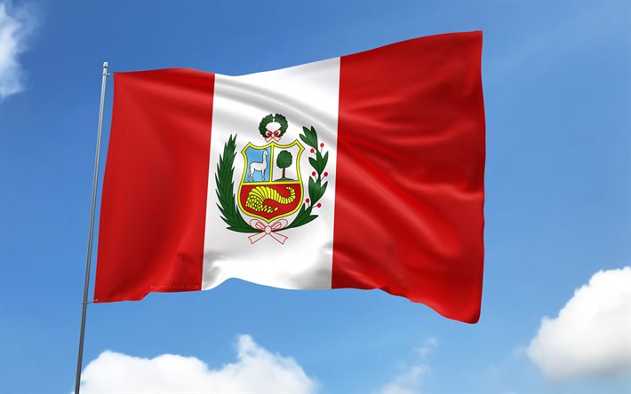 깃대에 페루 국기, 4k, 남미 국가, 파란 하늘, 페루의 국기, 물결 모양의 새틴 플래그, 페루 국기, 페루 국가 상징, 깃발이 달린 깃대, 페루의 날, 남아메리카, 페루