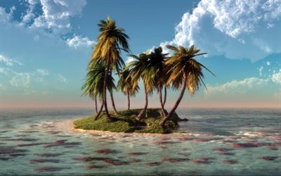 water, clouds, nature, sea, palm trees, art, palms