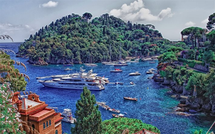 sea, summer, bay, HDR, mountains, cliffs, boats, Italy