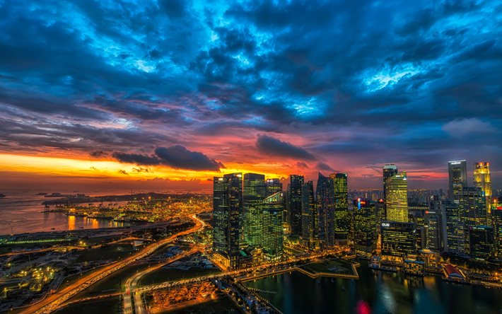 Singapur, 4k, puesta de sol, paisaje urbano, rascacielos, Asia