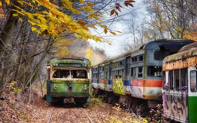 abandoned trains, America, train station, autumn, Pennsylvania, USA