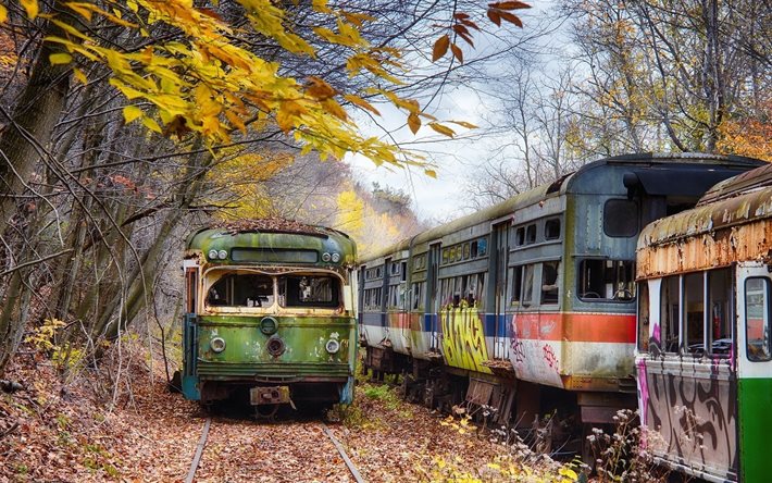 trens abandonados, américa, estação de trem, outono, pensilvânia, eua