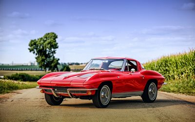 Corvette C2, Vintage Car, 1963, retro cars, red coupe, old sport car