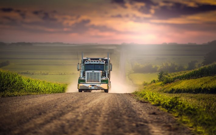 trucks, Peterbilt, road, sunset, dust