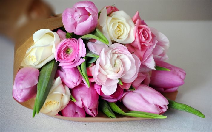 ramo de flores, rosas, tulipanes, desenfoque
