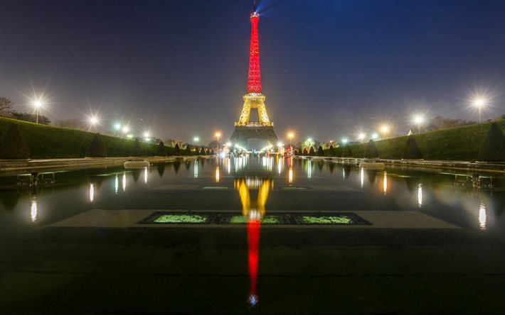 Eiffel tower, night, lights, Paris, France