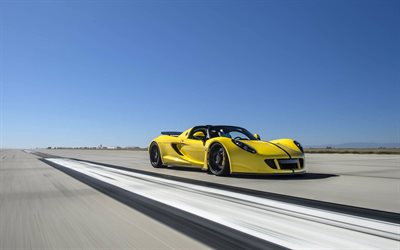 sportcars, 2016, Hennessey Venom GT Spyder, el movimiento, la velocidad, amarillo Hennessey