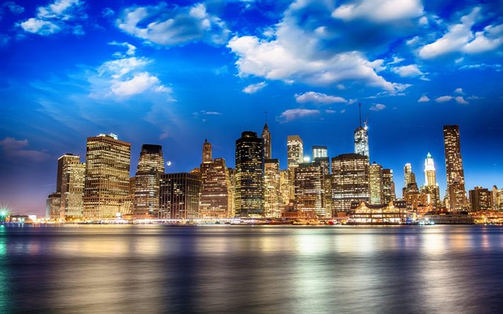 nova york, noite paisagem urbana, horizonte, edifícios, eua, nyc, américa