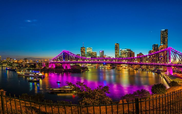 Brisbane, muelle, puente, Noche, luces de la ciudad, Australia, panorama