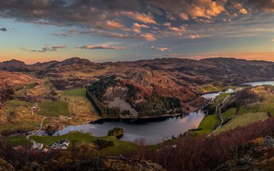 Sunset, mountains, forest, lake, valley, Norway, panorama, Rogaland, Bjorkream