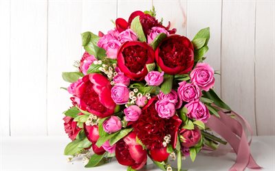शादी का गुलदस्ता, गुलाब के फूल, गुलदस्ता, peonies, लाल फूल